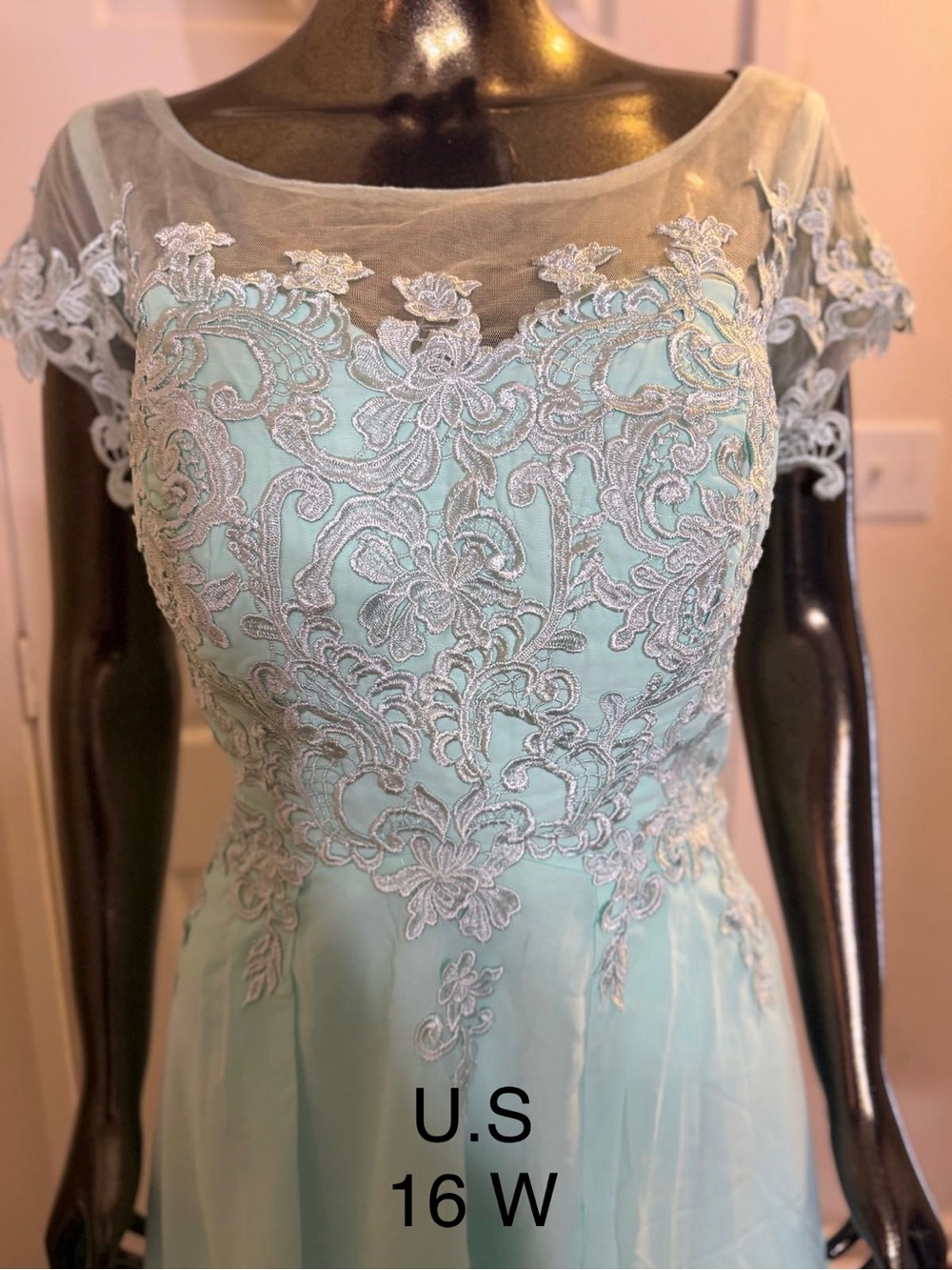 Elegant Light Aqua Lace Illusion Neckline Dress